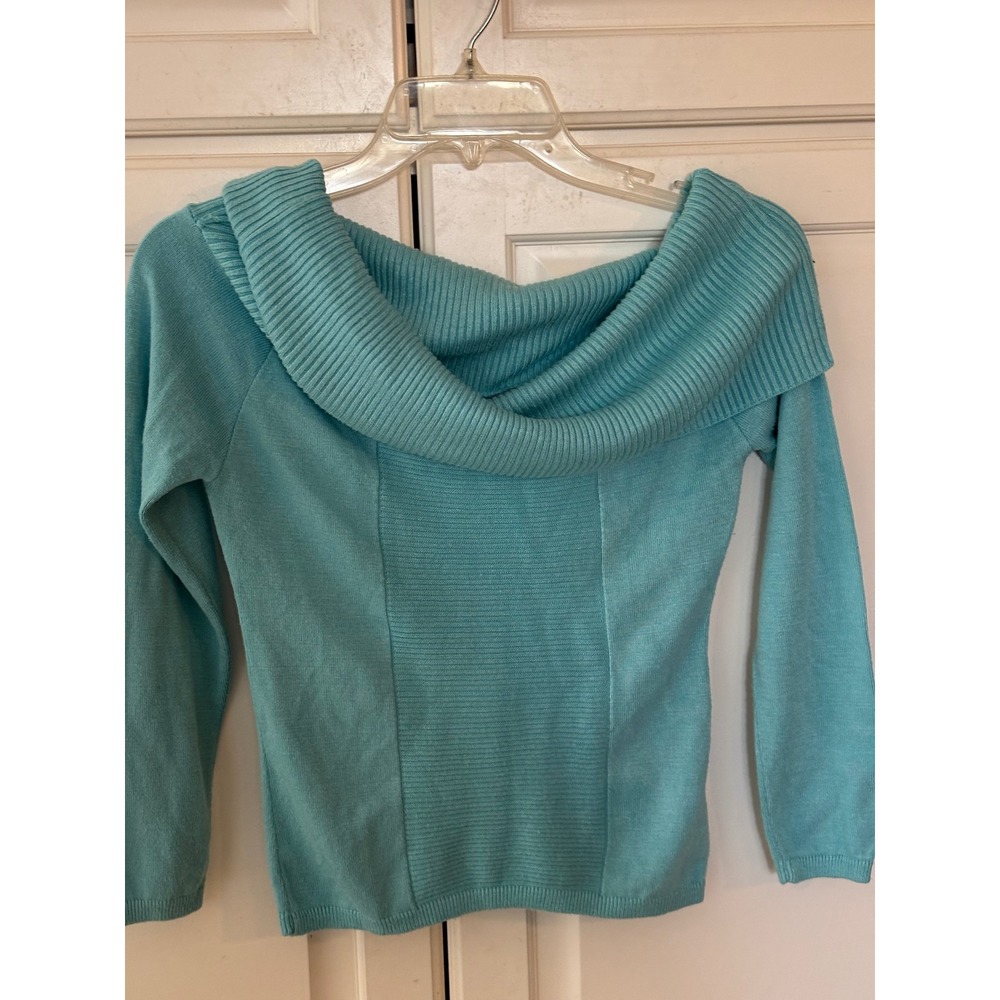 Cotton Emporium Aqua Blue Cowl Neck Off Shoulder Knit Sweater Medium USA